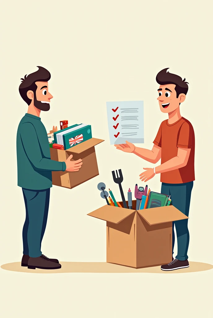 Cartoon of a man showing his friend a box with organizational tools and a list of strategies.