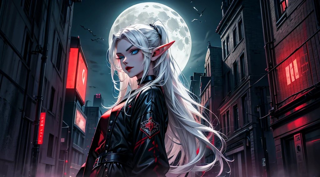 female elf, long white hair, blue eyes, black gothic choker, red jacket, black shirt, red lips, black makeup. A detailed eye. City at night background. full moon.