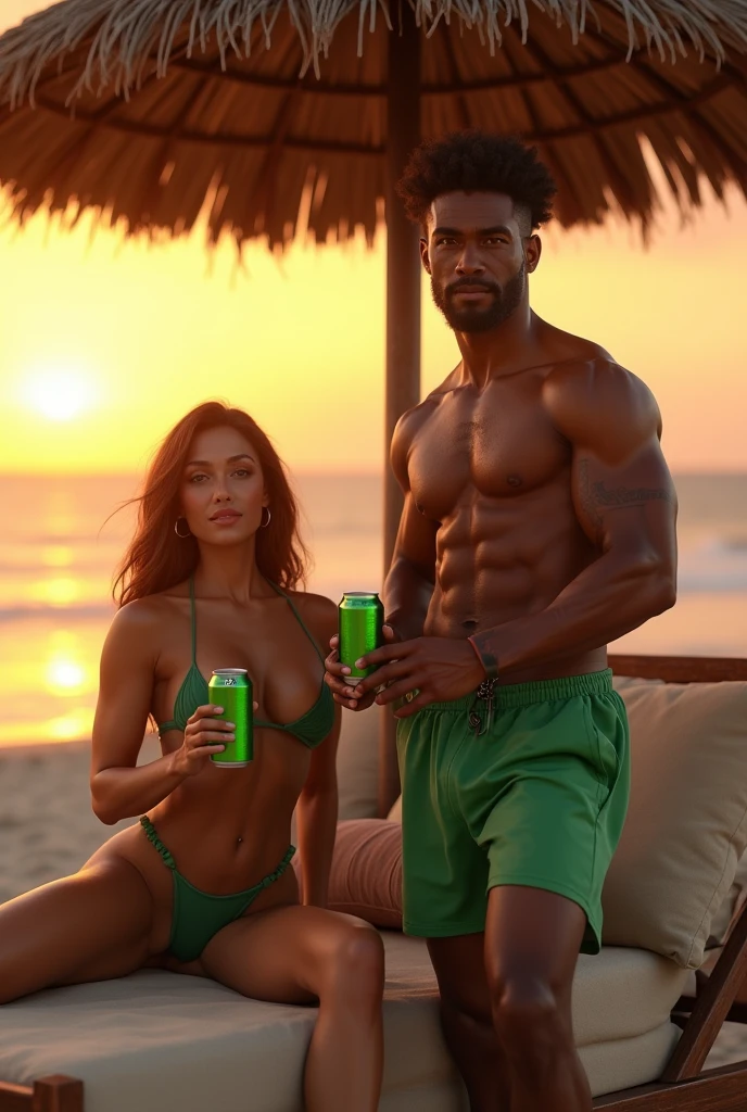 (photorealism: 1.2), handsome Cuban man, beautiful and athletic body, standing next to a beach bed, the bed is made of wood with beige cushions, under a guano umbrella, dark skin color, curly hair, with a green short, holding with his left hand and drinking a can of beer, the can is green, the can has no signs, it is on the beach, in a sunset, natural light with a beautiful Cuban woman, beautiful body, sitting on the beach bed, the bed is made of wood with beige cushions, under a guano umbrella, dark skin color, curly hair, wearing green shorts, holding with her left hand and drinking a beer can, the can is green, the can has no signs, it is on the beach, in a sunset, natural light
