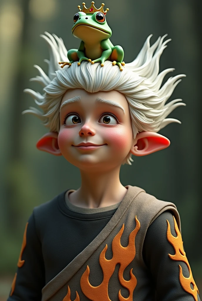 A realistic 3D character with white hair parted in the middle with a frog with a crown on top of his head a chest with flame details on the right arm white color on the left color black male character  