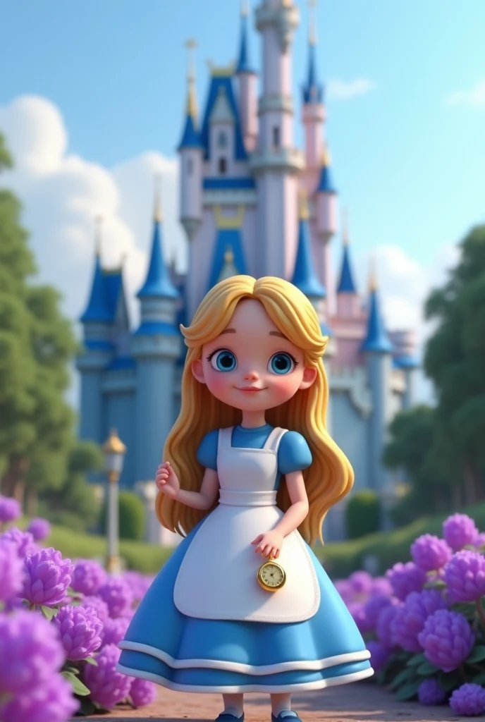 The child image shows a cute, stylized version of Alice from Wonderland, with long blond hair and big blue eyes, wearing a blue and white dress and holding a white rabbit. She is sitting in front of a blue castle, which appears to be inspired by Cinderella's Castle, with purple flowers in the foreground. Alice holds a golden pocket watch in her hand, suggesting the passage of time and the events of the story. The image is very detailed and has a 3D style., pixar with realistic textures and natural lighting.