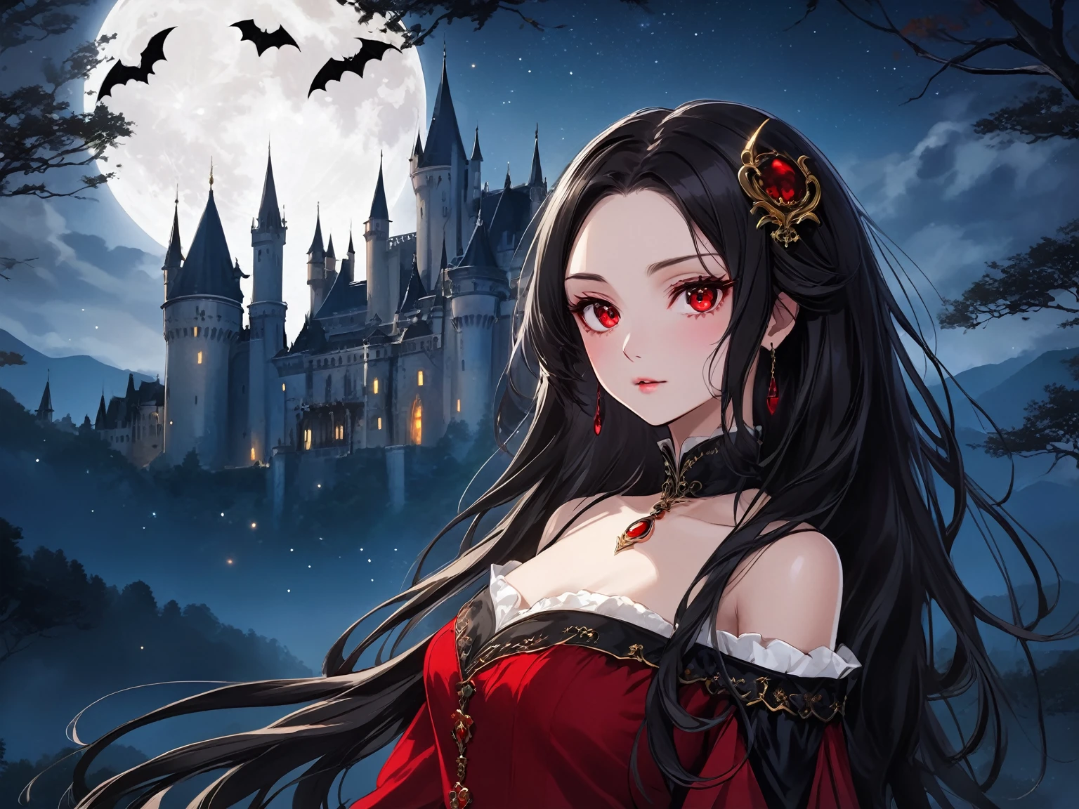 a young anime woman vampire with wavy ebony hair of medium-length partially tied back to keep it out of her way, red eyes. wearing renaissance elegant red and black dress with gold detals and with long, open shoulder sleeves. a night time full of stars and full moon a dark gothic castle surrounded by a forest in the distance (masterpiece), best quality, expressive eyes, perfect face