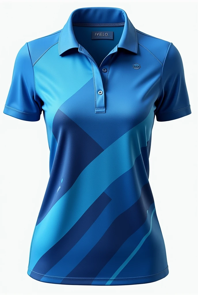 Create a feminine sports polo shirt that has designs in blue and light blue colors 
