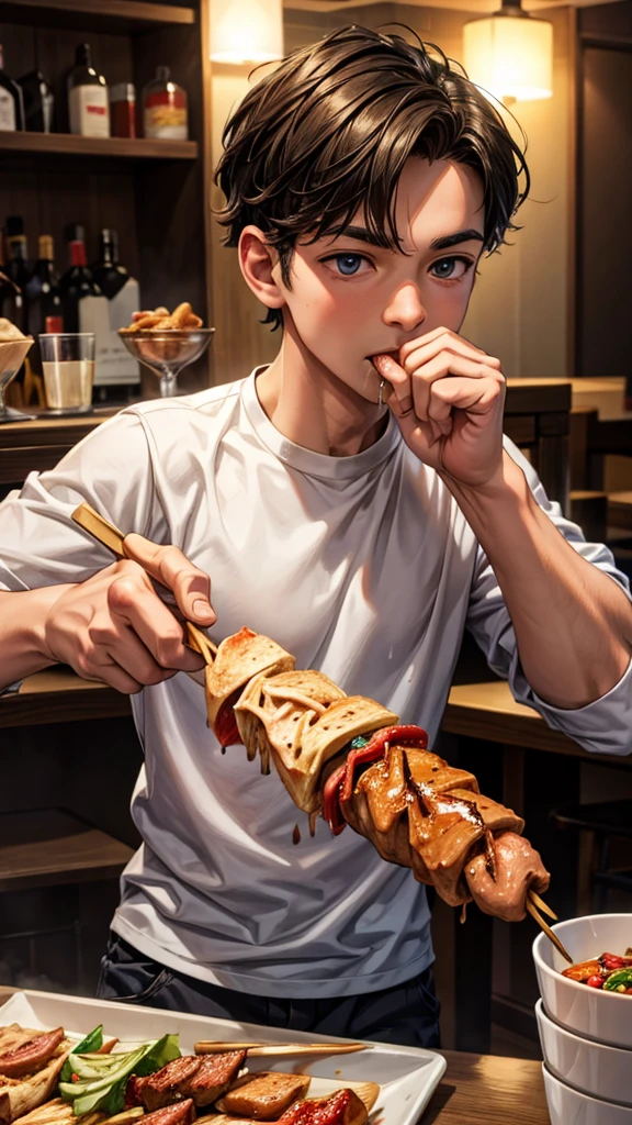 Boy biting into kebab