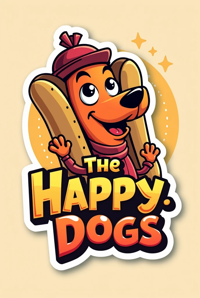 I need a logo for a hot-dog business called "Los Perros Contentosos" that conveys youth, creativity and confidence, please make sticker style, cartoon character