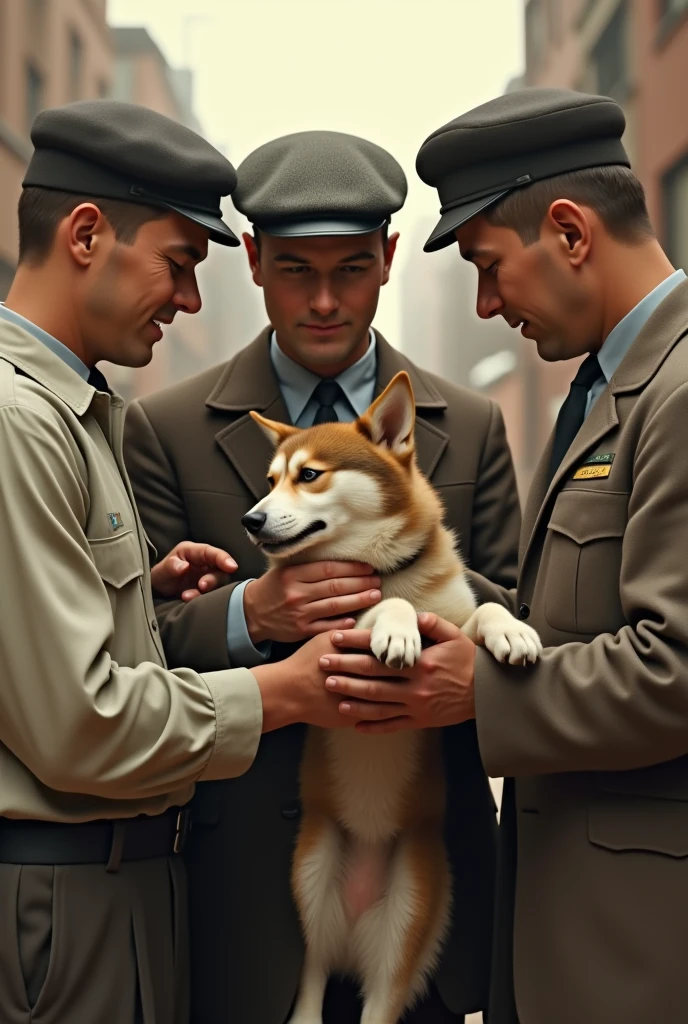 Create a scene set in the 50s where there are 3 men with the dog Laika in their arms