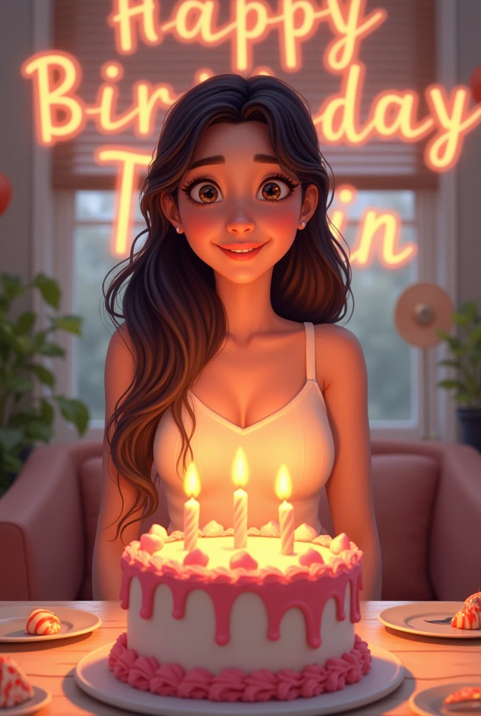 Cute pretty  happy birthday Infront of cake. background text her name HAPPY BIRTHDAY TASIN