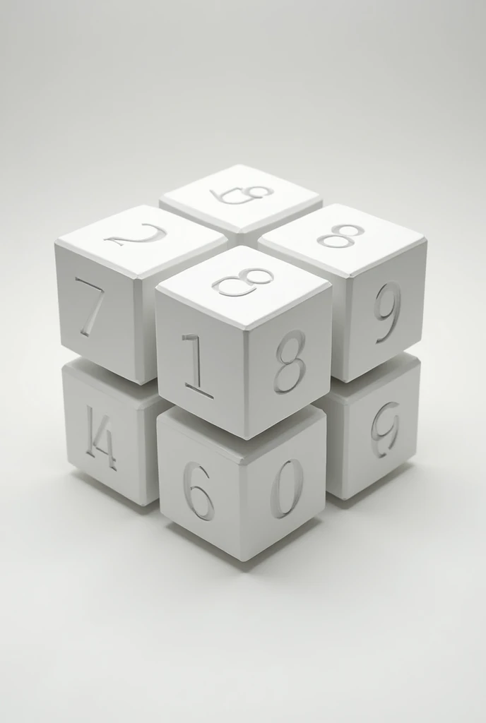 A 2 x 2 x 2 cm prism made up of 8 cubes of the same size, the cubes being numbered by the same number on each side but consecutive between the cubes