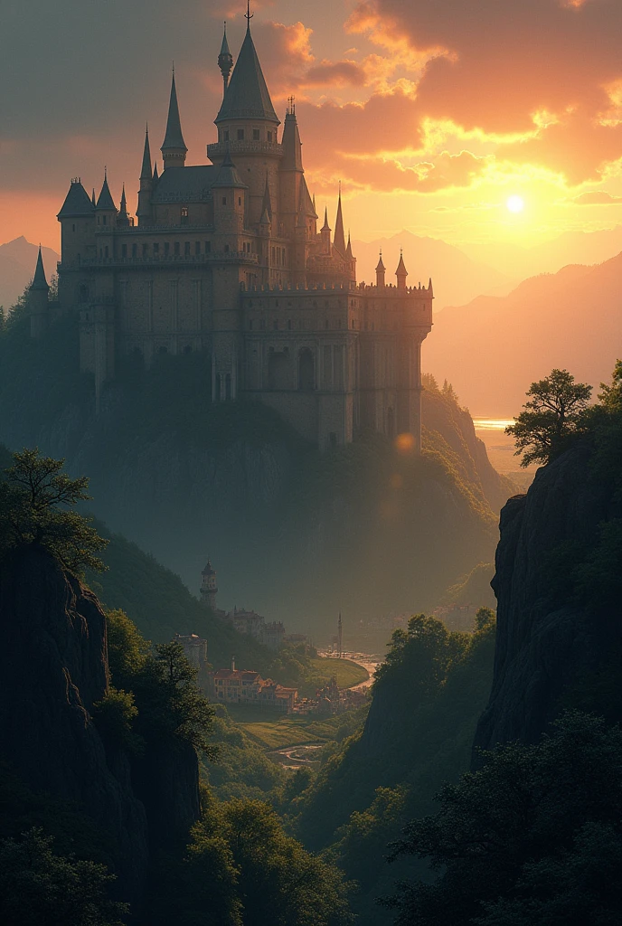Shadows of the sun over a kingdom and its medieval castle 