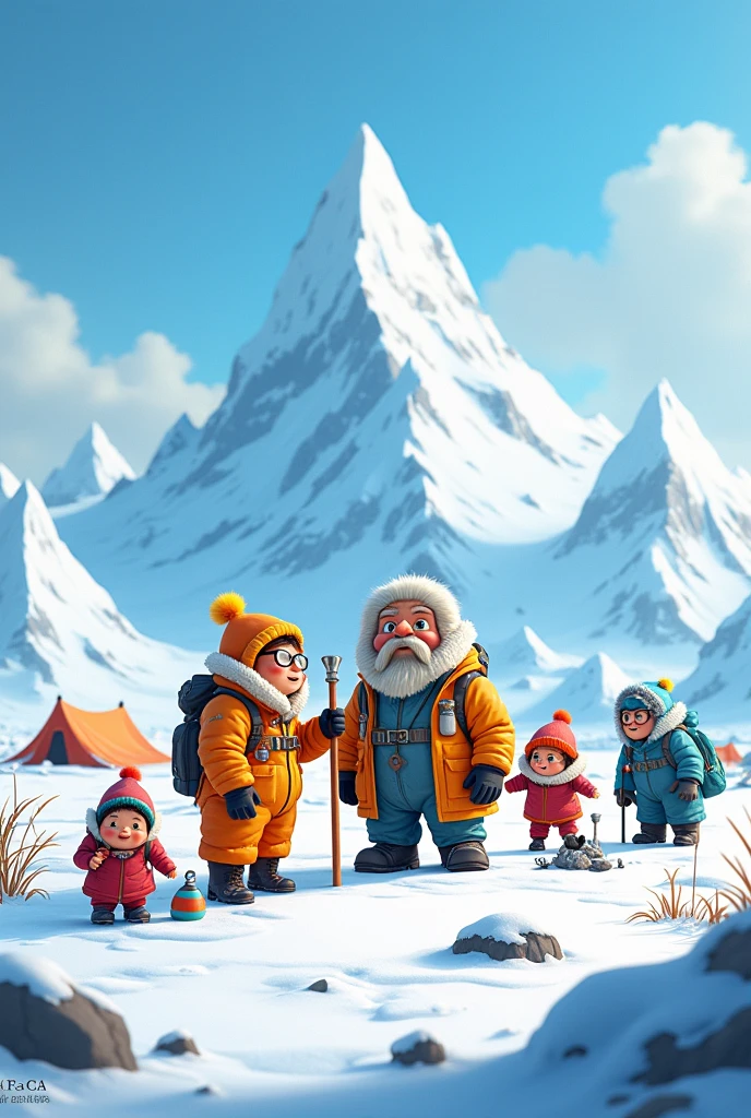 Pixar-like image of scientists working in Antarctica