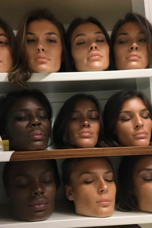 ((multiple disembodied heads on shelf)), detailed skin, eyes closed, (realistic), headless, disembodied head, beautiful women, sexy.