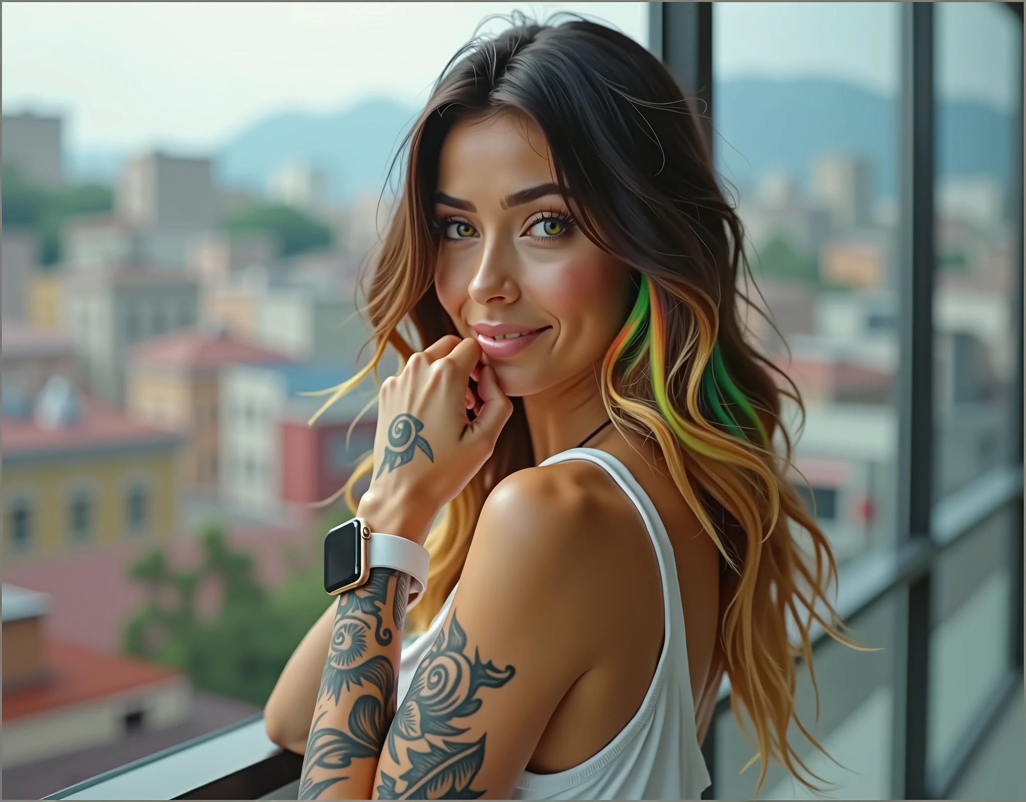 4K portrait of a brunette Argentinian woman, 30 years old, with rainbow-colored blonde hair, emerald green eyes, a perfect smile, wearing a white smartwatch on her wrist, with tattoos on her arm, looking out at the city. Perfect details, high-quality, dressed in elegant clothing