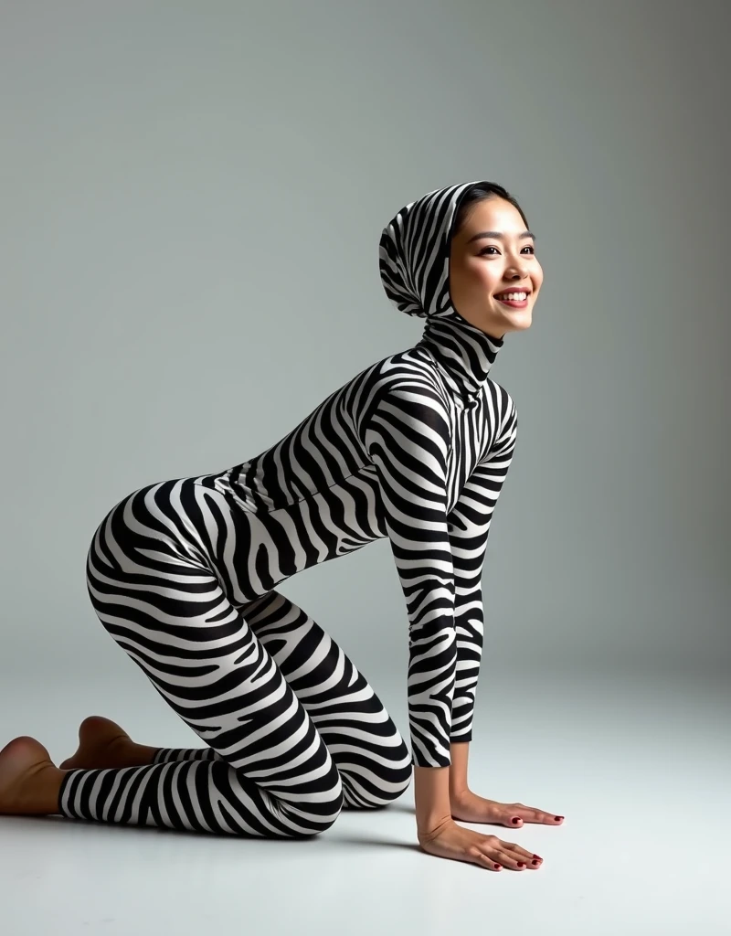 The most beautiful,thin,most pretty and clever Malaysian muslimah adult girl wears plains zebra lycra turtleneck unitard catsuit covered with stripes.She always wear plains zebra lycra dancewear stretchy hijab covered with stripes.She is crawling.