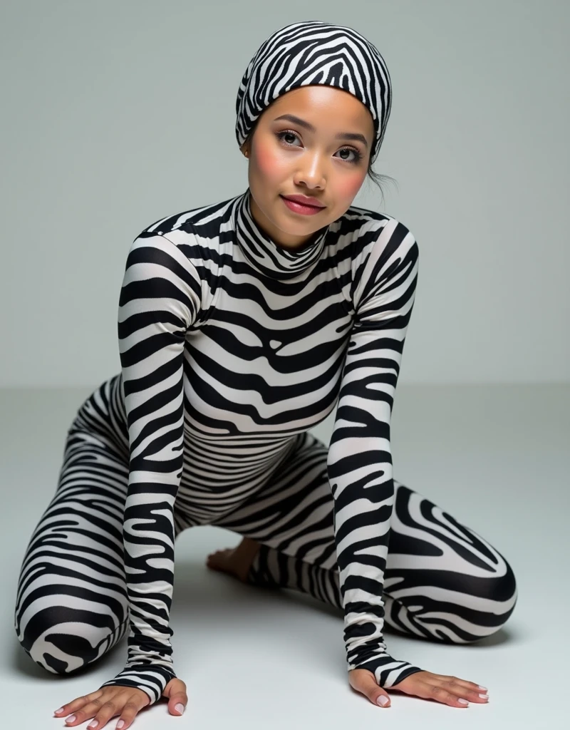 a beautiful and thin Asian and malaysian muslim adult girl with a shiny and beautiful face wears zebra print lycra turtleneck unitard catsuit covered with stripes and always wear zebra print lycra dancewear hijab covered with stripes.She is crawling!