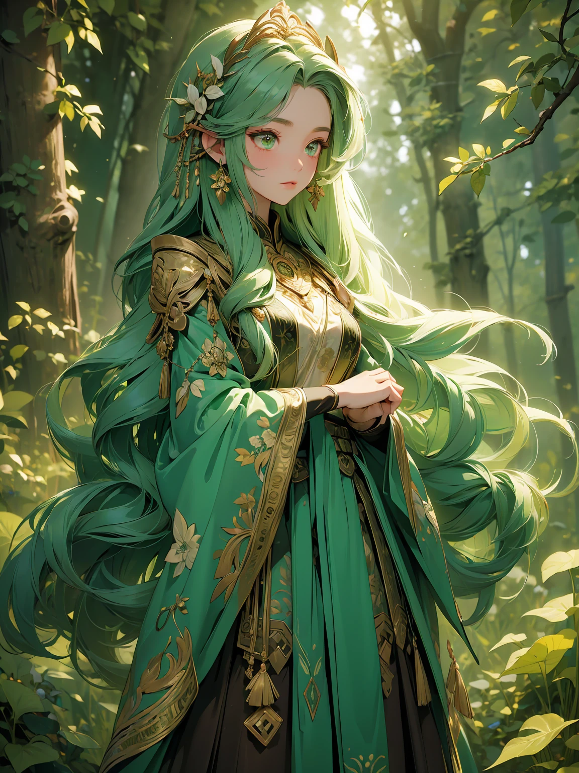 (((masterpiece, best quality, high detailed, 16k))) (1girl) A mystical forest guardian with flowing green hair and deep brown eyes that reflect the ancient wisdom of the woods. She is adorned in earthy tones of brown and green, with vines and leaves woven into her attire. Her staff is entwined with living branches and blooming flowers, and she is surrounded by a gentle aura of nature's magic. ((full body view))