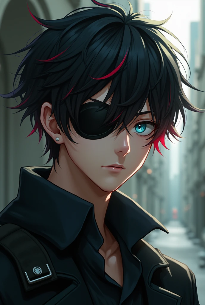 Ah, he's a 17-year-old male character from Mexico Academy with black hair with red tips, blue and green eyes, and serious and with a black eye patch.