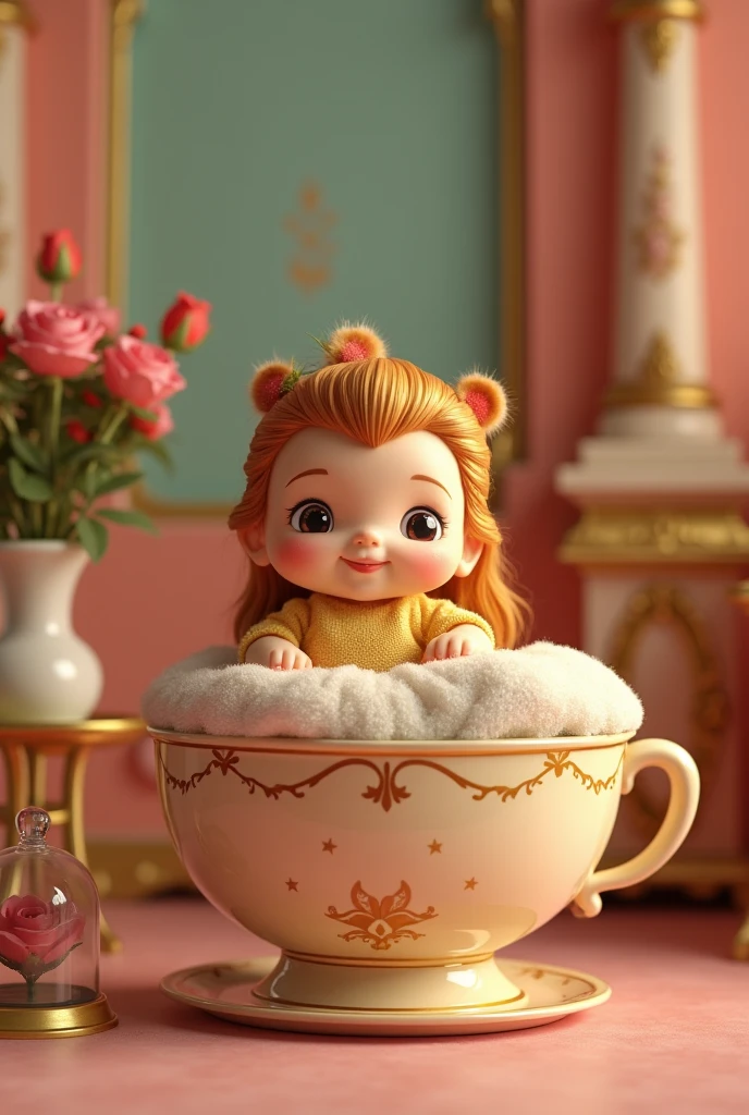 Newborn style children's que backdrop with the theme of the character Belle from the film Beauty and the Beast, add objects that resemble the film in the image, cute plush with a friendly expression of the beast character, it has a beautiful round bed in the shape of a tea cup, the The bed is empty, there is only a blanket, there is the character Cogsworth, there is the character Mr. Potts, on a small round table with golden arabesques there is the red rose inside a g