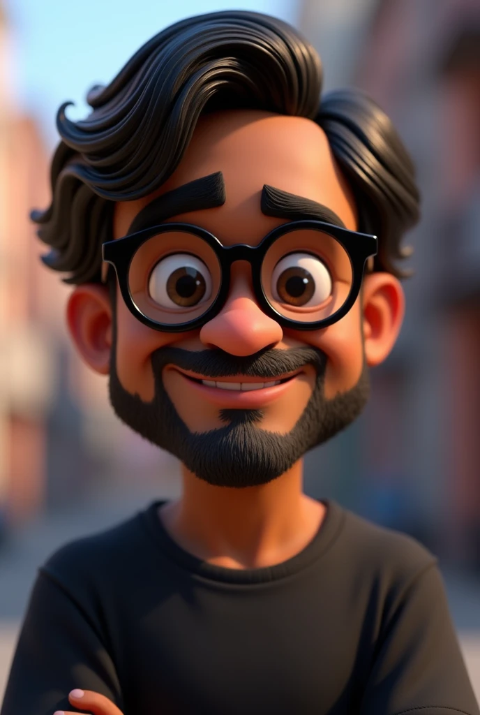 Cartoon character of a middle aged black man with medium hair wearing black glasses and a black shirt, animation character, stylized character, animation style rendering, 3d stylized, Arnold Maya rendering, Stylized 3D rendering, toon render screenshot, 3d character, 3d character, Stylized 3D rendering, 3D character rendering, cartoon character, Personagem de close up, character posing, (Pixar-style) (master part:1.2) (bokeh) (best qualityer) (detailed black skin) (detailed texture) (8k) (Argilla) (cinematic lighting) (sharp focus