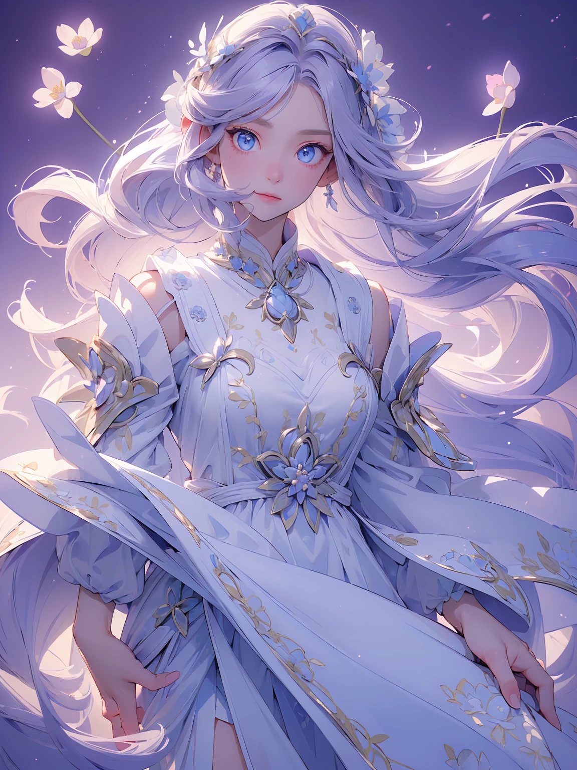 (((masterpiece, best quality, high detailed, 16k))) (1girl) A serene and graceful healer with long, flowing lavender hair and gentle blue eyes. She is draped in soft, flowing robes of white and pastel purple, embroidered with delicate floral patterns. Her hands emit a soft, healing glow, and she carries a staff topped with a blooming lotus flower. ((full body view))