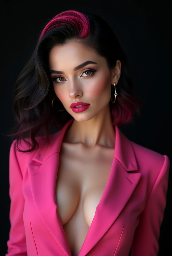 (photorealism:1.2), beautiful woman, with black and pink hair, wearing pink tuxedo, black background