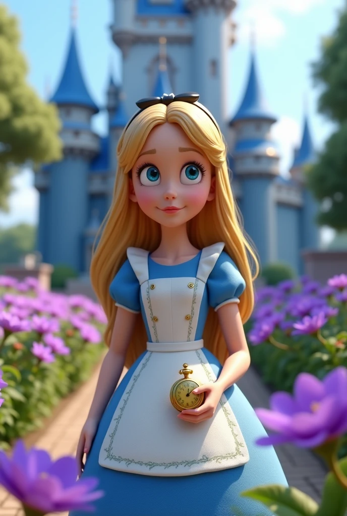 The child image shows a cute, stylized version of Alice from Wonderland, with long blond hair and big blue eyes, wearing a blue and white dress and holding a white rabbit. She is sitting in front of a blue castle, which appears to be inspired by Cinderella&#39;s Castle, with purple flowers in the foreground. Alice holds a golden pocket watch in her hand, suggesting the passage of time and the events of the story. The image is very detailed and has a 3D style., pixar with realistic textures and natural lighting. 
