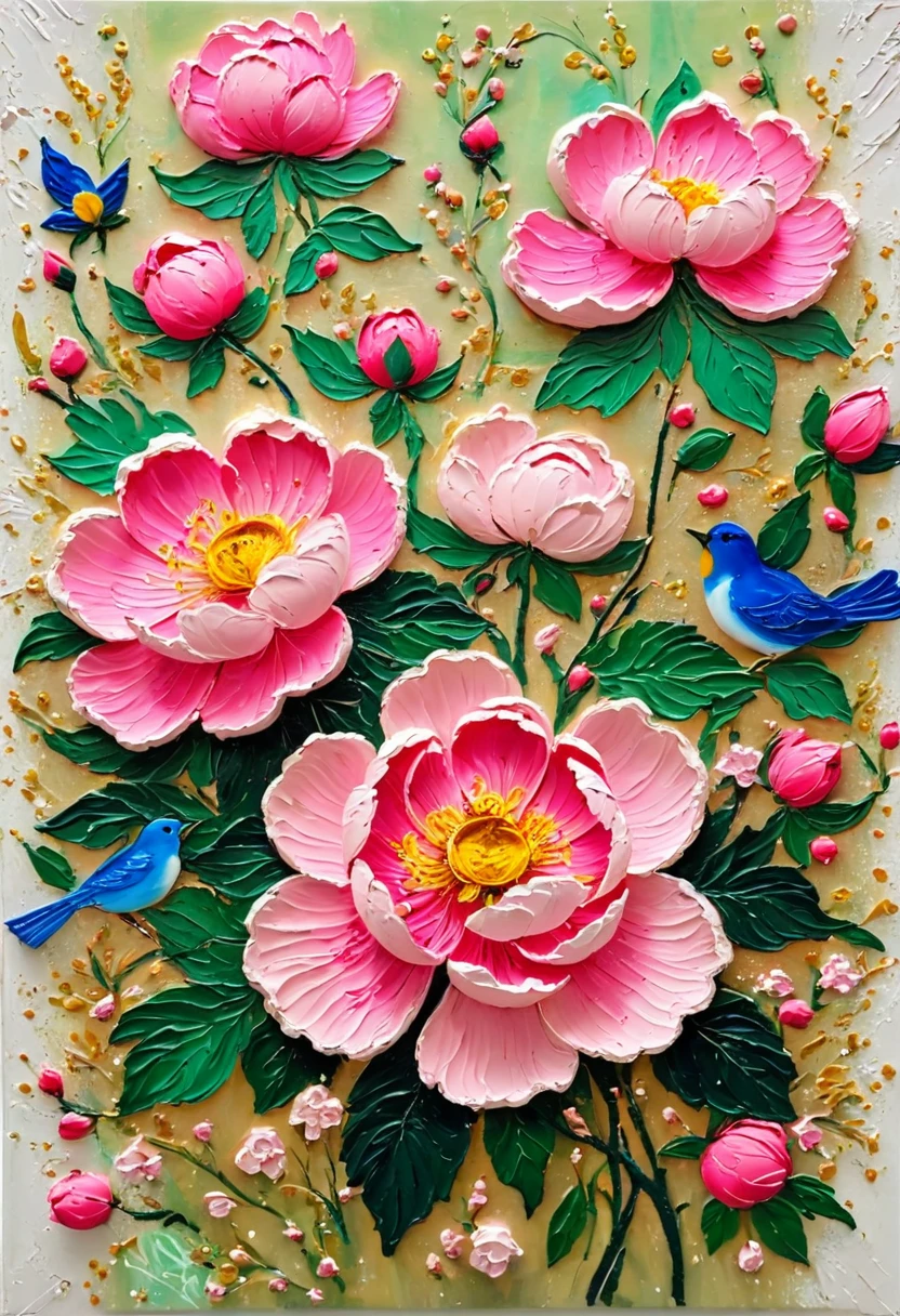 A painting in a white plaster frame:(((Soft tones,Chalk painting,Oil stick painting,flight,Thick coating,Uneven texture,Plaster texture,Graffiti)))。Korean style framed decorative painting,3D Decorating,French style peony flower,display
