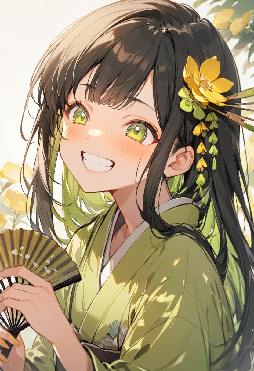 A girl wearing a yellow-green kimono、Long black hair、Straight Hair、Yellow-green flower hair ornament、Laugh with your teeth showing、Holding a folding fan