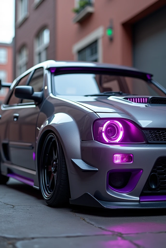 Ford Festiva 2000 with original angel eyes headlights, color grey fighter and purple, with body kit and side spoilers with lambo type doors