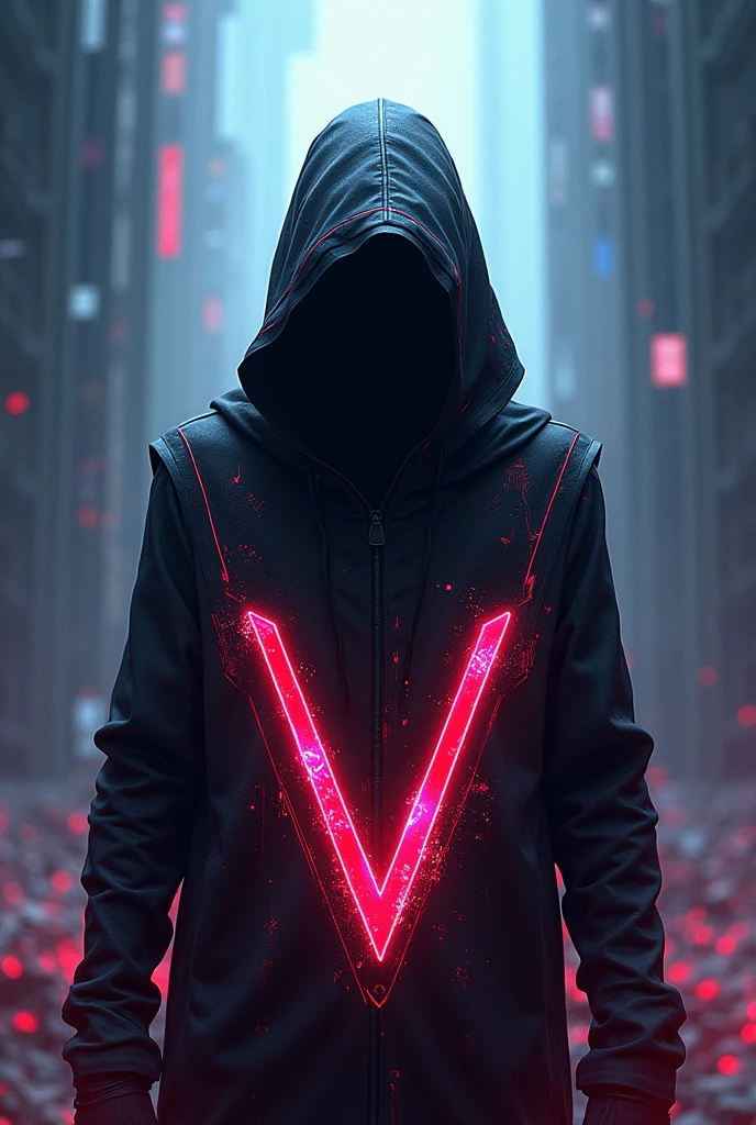 A gamer profile icon to put on discord and steam with the name vertice which is me with the letter V very evident, very futuristic with a diabolical and mysterious being in the background.