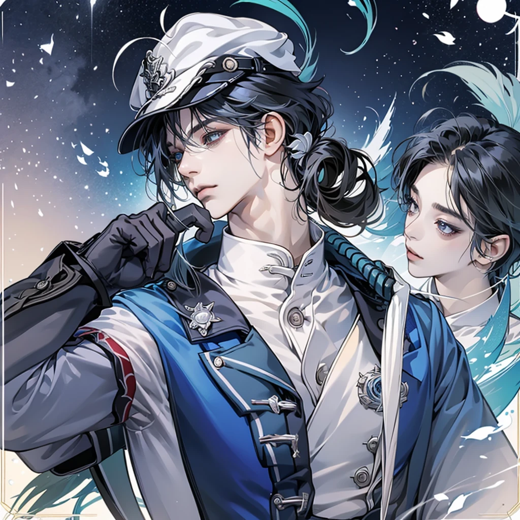 Highest quality、high quality、cool、Personification of fish、Handsome、Visual Kei、Provocative、Alluring、looking at the camera、Glare、A sophisticated adult、ennui、Black Hair、air force、uniform、Uniform cap