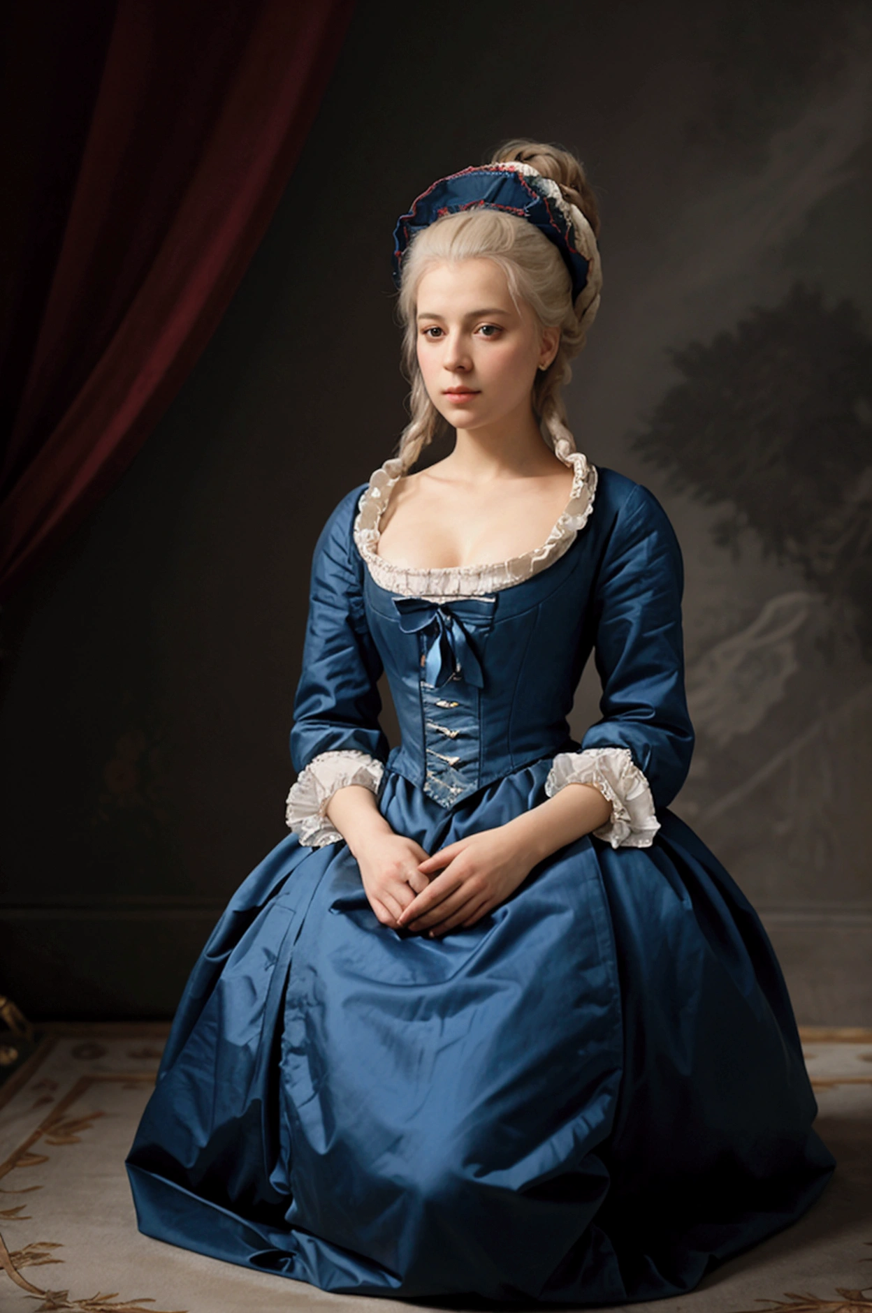 Marie-Antoinette in a space colored attire kneeling to Louis XVI