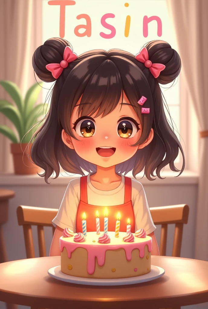 Cute pretty
girl happy birthday Infront of cake. background text her name HAPPY BIRTHDAY TASIN