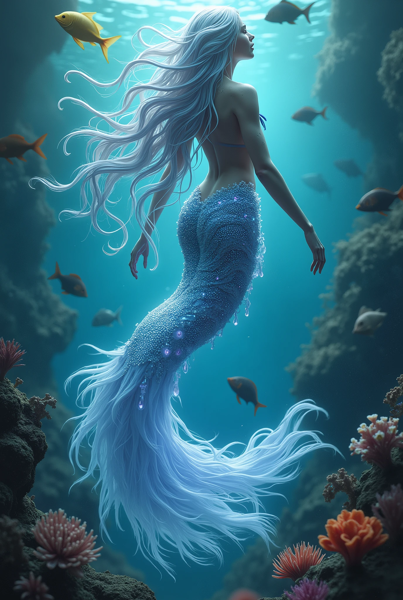 an indigenous mermaid, with hair like octopus tentacles, and a tail made of jellyfish