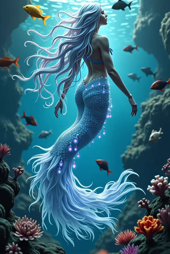 an indigenous mermaid, with hair like octopus tentacles, and a tail made of jellyfish