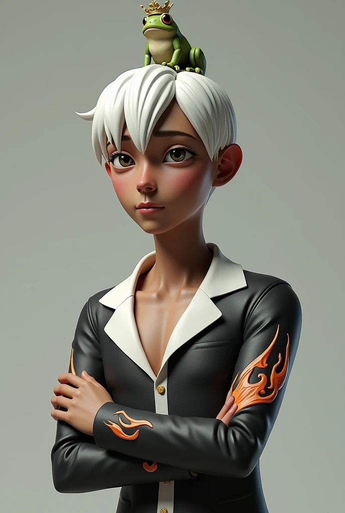 A realistic 3D character with white hair parted in the middle with a frog with a crown on top of his head a chest with flame details on the right arm white color on the left black color brown skin thin face male character