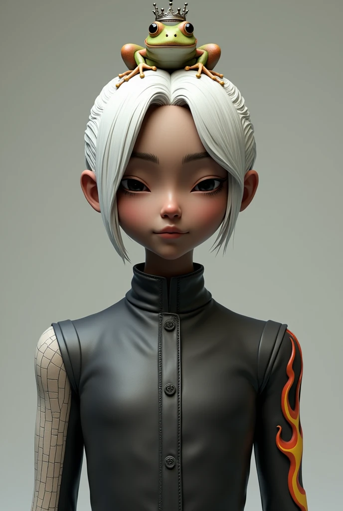 A realistic 3D character with white hair parted in the middle with a frog with a crown on top of his head a chest with flame details on the right arm white color on the left black color brown skin thin face male character