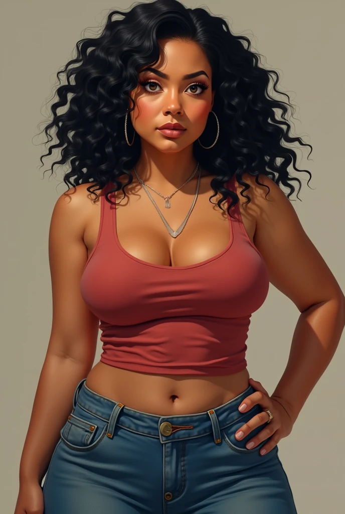 A short lady with black curly hair , round face big eyes bushy eyebrows flat nose normal mouth average body fat a serious attitude tan skin give me a picture of the full body
