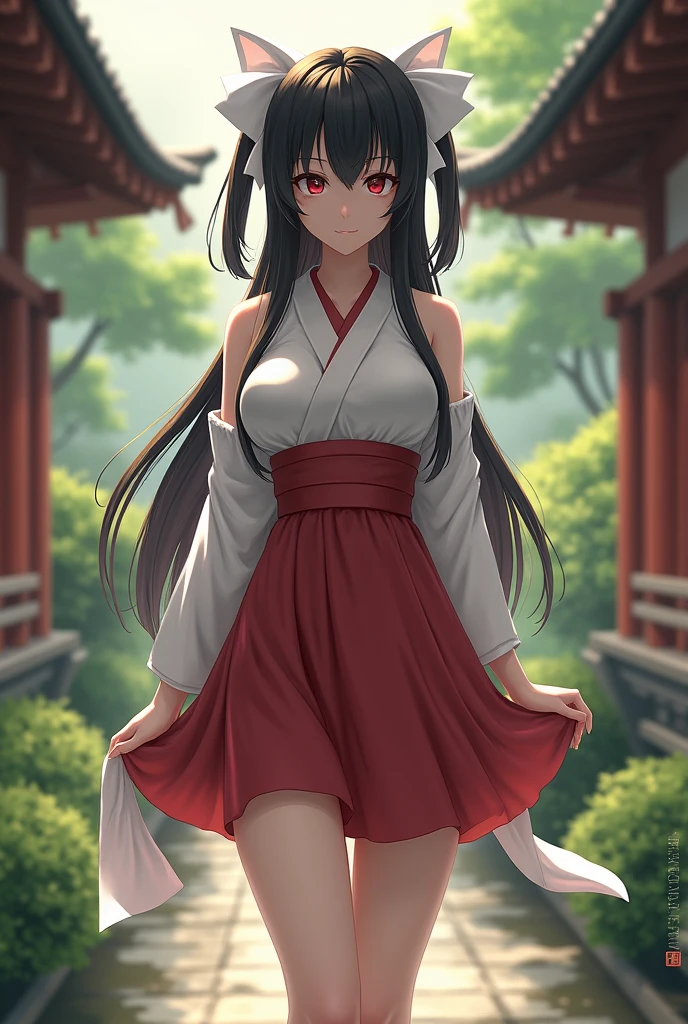 An exquisitely detailed CG artwork depicting Hakurei Reimu, a solitary shrine maiden, in the highest quality. Featuring a delicate white ribbon and socks, large breasts, and wide hips, this masterpiece illustration showcases the beauty of solo female characters.