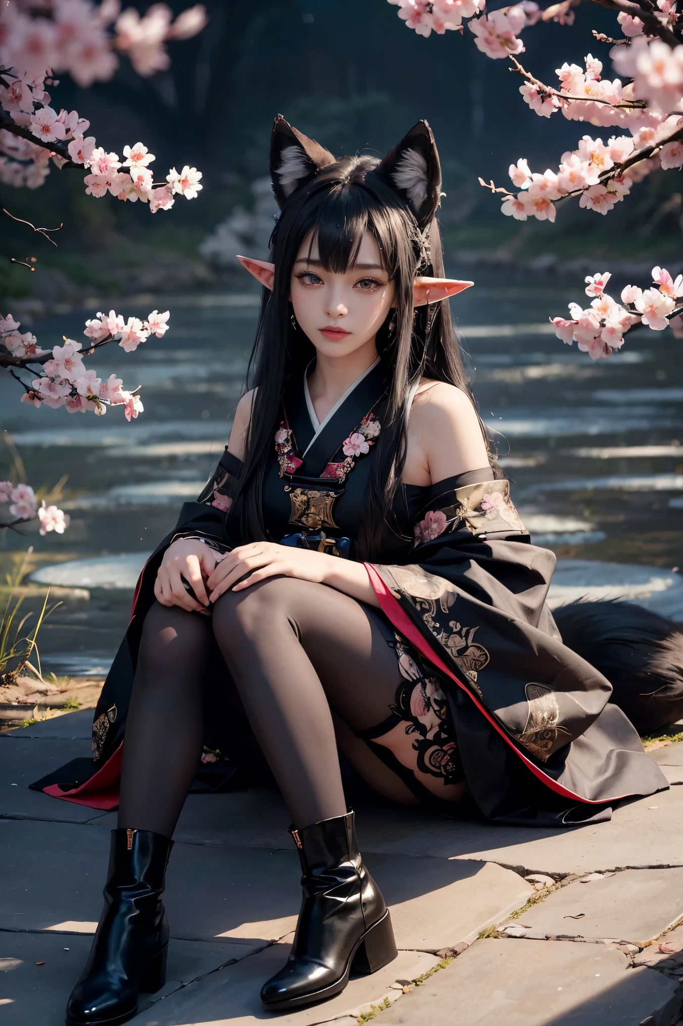 (Absurdly , high quality , Very detailed,Fox God watching the photographer)、(((Black Hair、Black fox ears and elf ears)))、A gorgeous Japanese kimono in a variety of colors, beautifully detailed with intricate patterns and traditional designs.、((hair ornaments、Earrings、Black Pantyhose、short boots))、((Tattoo))、(masterpiece, 最high quality, 最high quality, Official Art, Beauty and aesthetics: 1.2), (One person: 1.3)、Cherry blossom background
