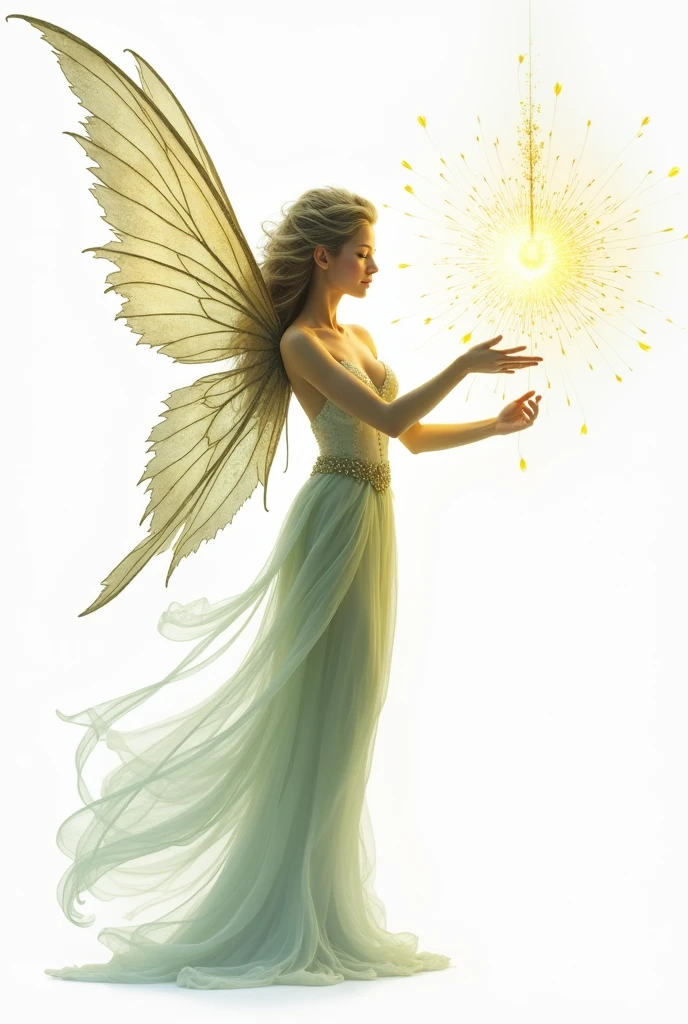 A very beautiful full body fairy casting magic in a place with her magic wand on a white background