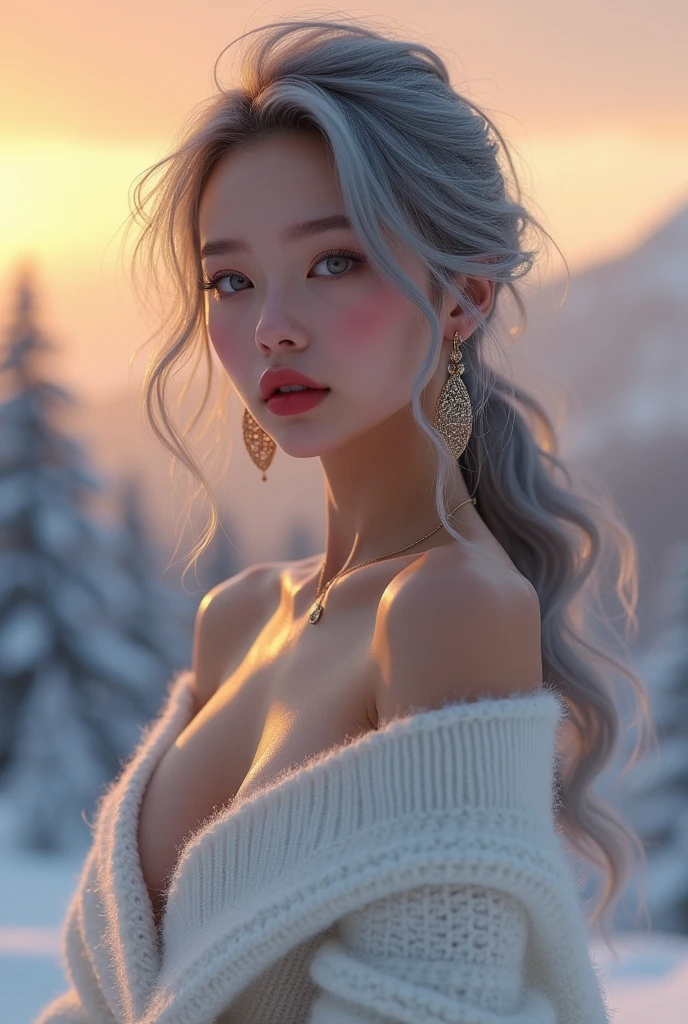 ((top quality、8k、Masterpiece:1.3))、Extremely delicate and beautiful girl,full-body shot,huge breasts,bigger breasts,amazing breast size,G cup。Wear big earrings,Very white skin,moist red lips,Waist is very thin,Thighs are very thin,big butt,fair and smooth skin,Smooth and fair skin,flawless skin,Fair and shiny skin,cold white skin,The camera focuses on the chest,Bright light,white sweater,Lower body exposed,bare shoulders,gray hair,and the hair is gray,heavy snow,snow mountain,sunset,Rizhao Jinshan