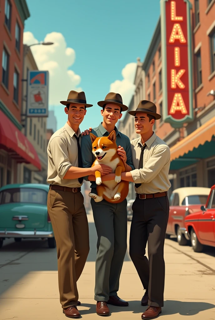 Create an animation set in the 50s where there are 3 men with the dog Laika in their arms