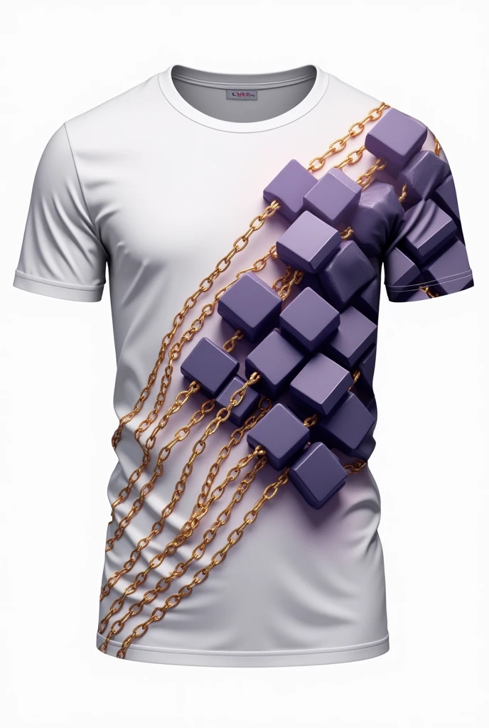Plain T-shirt with grey cubes and gold chains, in purple with gold lines on a white background
