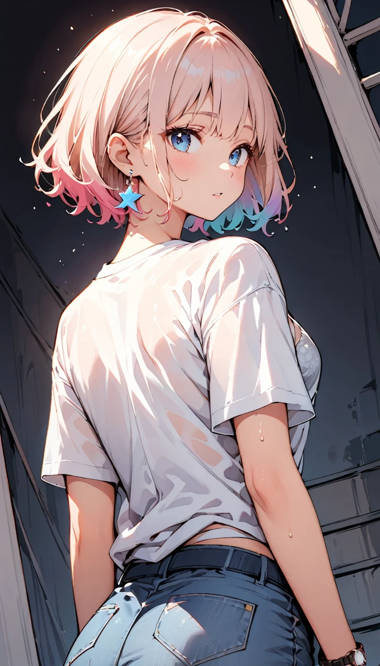 (high quality, 8k, 4K, High Contrast, masterpiece:1.2, 最high quality, Best aesthetics), (Dynamic Angle), ((1 female teen)), (Full Shot), ((Plain and bright background)), ((Flat Color)),(Plain white T-shirt on the upper body), (jeans), Showing his back, Looking at the audience, Upper Body, Transparent Background, Sleepy eyes, High Contrast, Contrasting colors, , Pale pink and blue lighting, ((Short Hair)) , Rainbow Hair, Small star-shaped earrings in both ears, watch, bright eyeshadow, Cool look, Wet T-shirt, The T-shirt is wet, so the lace pattern of the grey bra is visible through it., Angle of view that allows space above the head to see the background,The straps of the bra are visible through the back.