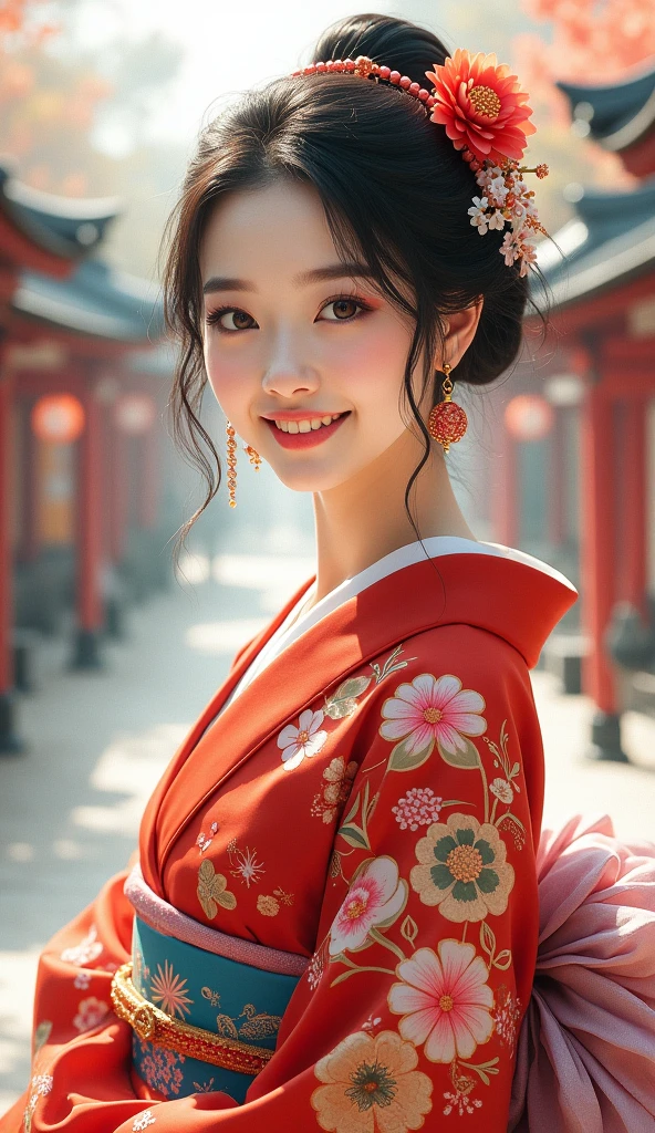 A beautiful young woman wearing brightly colored Japanese clothing、A charming expression、The upper white teeth are visible、Japanese clothing with red floral pattern on a white background、((SeaArt creates beautiful women in kimono))、Full Body Shot、background、Shrines and temples、The atmosphere is like that of a Japanese Ukiyo-e painting.、