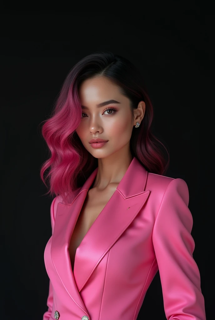 (photorealism:1.2), beautiful woman, with black and pink hair, wearing pink tuxedo, black background 