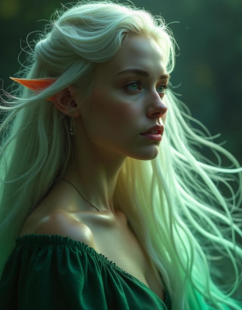 a beautiful elf woman Galadriel, mesmerizing and powerful presence, dynamic active pose, wind blowing through her hair, glowing skin, ethereal beauty, chiaroscuro lighting, dramatic colors, fantasy realism, conceptual art, illustration, digital painting, Dorota Piotrowiak, Tran Nguyen, Martin Ansin style, Anya Taylor-Joy, Sasha Luss, best quality,8k,highres,masterpiece,ultra-detailed,realistic,photorealistic,photo-realistic,HDR,UHD,studio lighting,extreme detail description,vivid colors,dramatic lighting