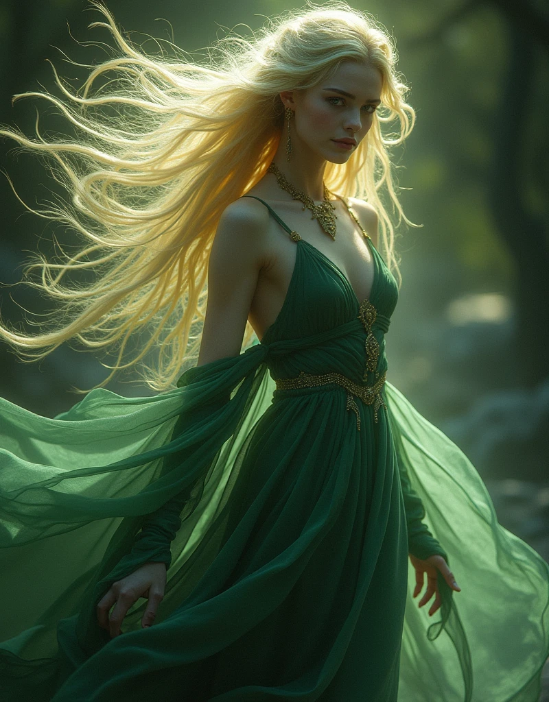 a beautiful elf woman Galadriel, mesmerizing and powerful presence, dynamic active pose, wind blowing through her hair, glowing skin, ethereal beauty, chiaroscuro lighting, dramatic colors, fantasy realism, conceptual art, illustration, digital painting, Dorota Piotrowiak, Tran Nguyen, Martin Ansin style, Anya Taylor-Joy, Sasha Luss, best quality,8k,highres,masterpiece,ultra-detailed,realistic,photorealistic,photo-realistic,HDR,UHD,studio lighting,extreme detail description,vivid colors,dramatic lighting