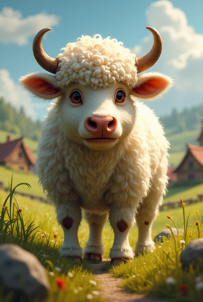 Hello, please I need an image that comes from the crossing of a hairy cow and a sheep. 