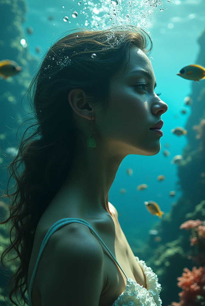 Mysterious girl 20th old years, underwater world, with colorful coral reefs, exotic fish, and dancing seaweed, adorned with droplets of ocean spray, symmetry, shot by Dawoud Bey, colored by Patrick Nagel